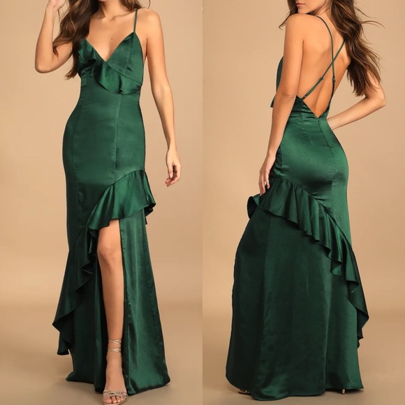 Lulus Dresses & Skirts - NWT Lulus Lucky Lady Hunter Green Satin Ruffled Maxi Dress Size M (6-8)